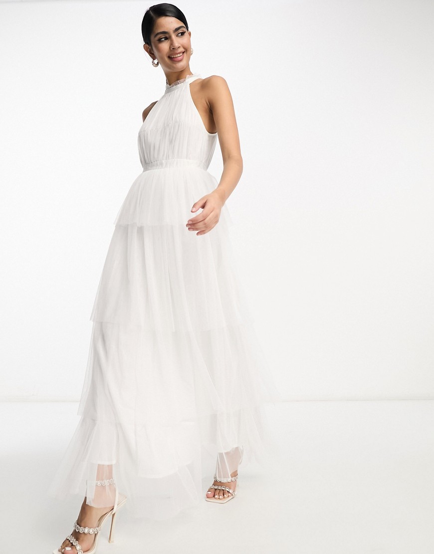 Vila Bridal Halterneck Tulle Midi Dress With Tiered Skirt In White