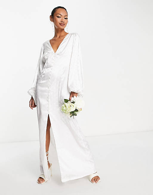 Vila Bridal jacquard spot maxi dress with button front in white