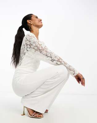 Vila bridal lace long sleeve jumpsuit in white Sale