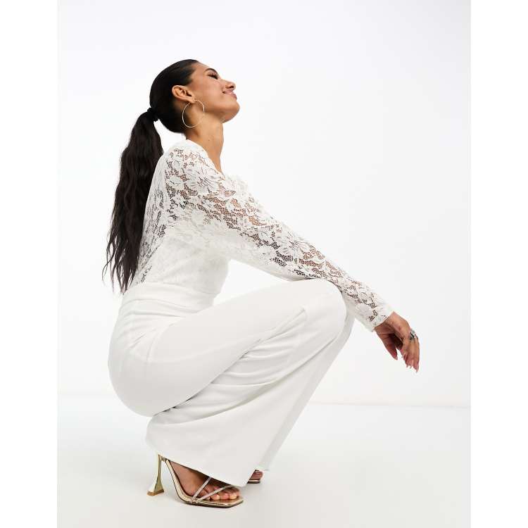 White lace high 2025 neck long sleeve jumpsuit