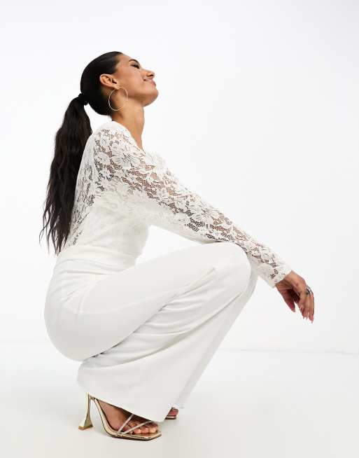 Vila bridal lace long sleeve jumpsuit in white