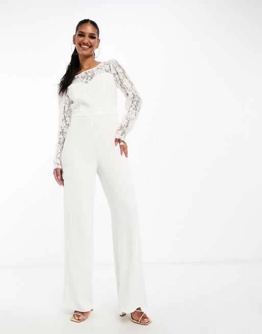 White lace store jumpsuit long sleeve