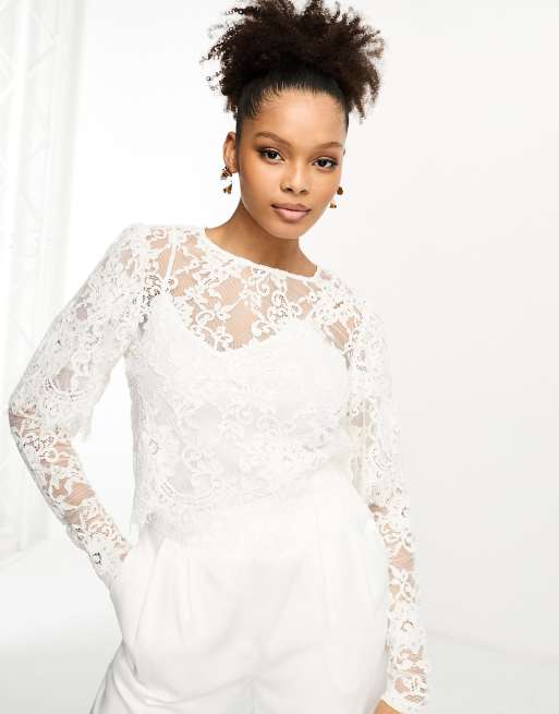 Vila bridal lace long sleeve top in white