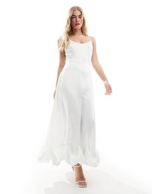 Vila - Bridal - Maxi-Trägerkleid aus Satin in Weiß mit gerüschtem Saum