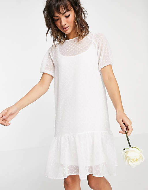Vila Bridal midi smock dress with puff sleeves and frill hem in white