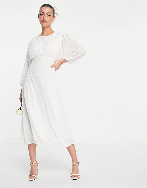 Vila Bridal midi tea dress with fluted sleeves in white