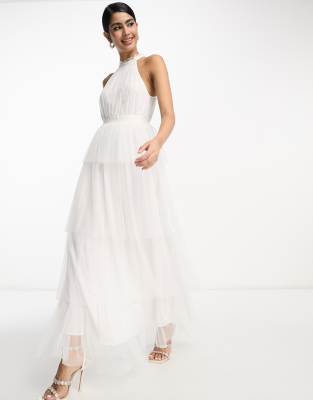 Vila - Bridal - Midikleid aus weißem Tüll mit gestuftem Rock und Neckholder