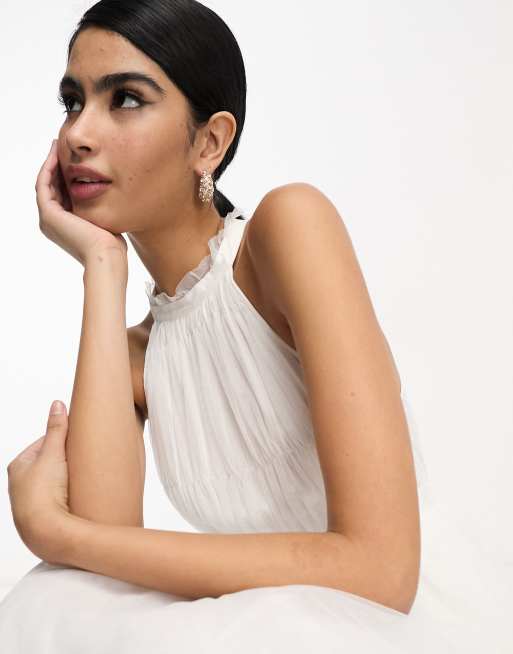 Vila – Bridal – Midikleid aus weißem Tüll mit gestuftem Rock und Neckholder, 2 von 4