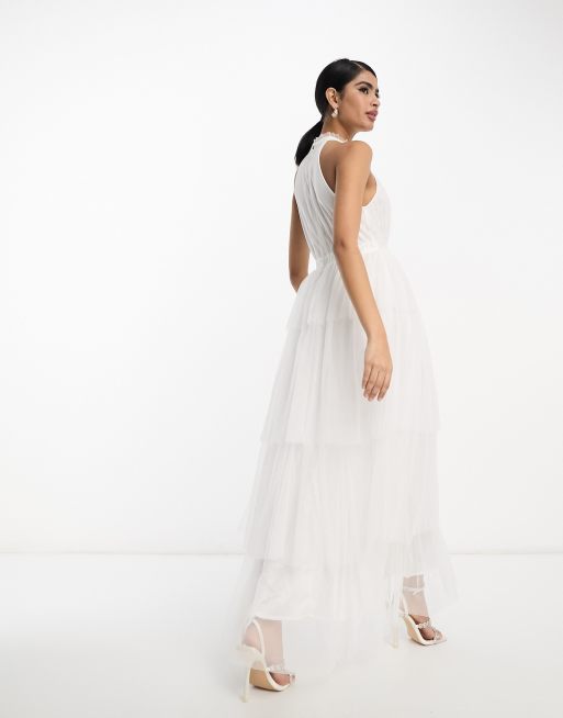 Vila – Bridal – Midikleid aus weißem Tüll mit gestuftem Rock und Neckholder, 4 von 4