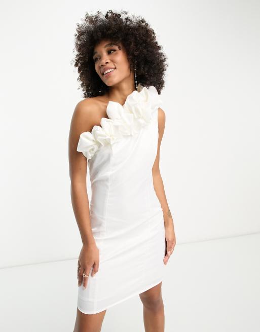 One Shoulder Layered Ruffle Asymmetric Neckline Column Dress