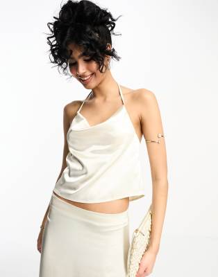 Vila Bridal Satin Cami Halterneck Top In Cream - Part Of A Set-white