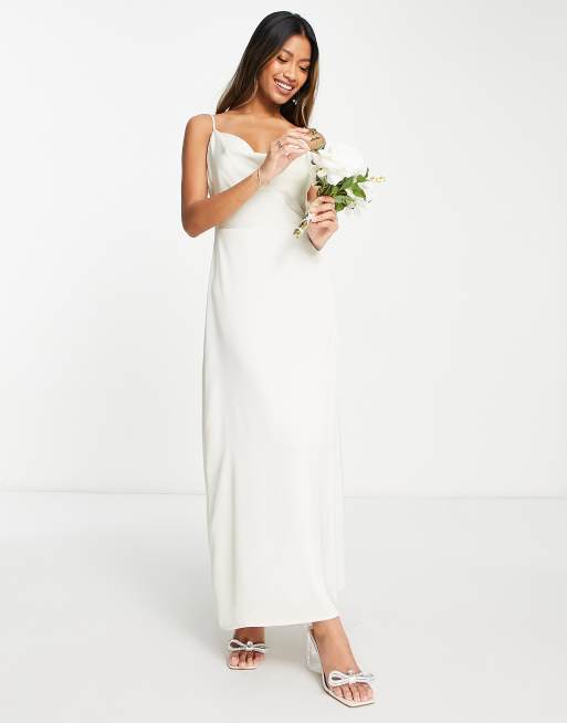 ASOS DESIGN satin cowl neck mini slip dress with daisy trim straps in ivory