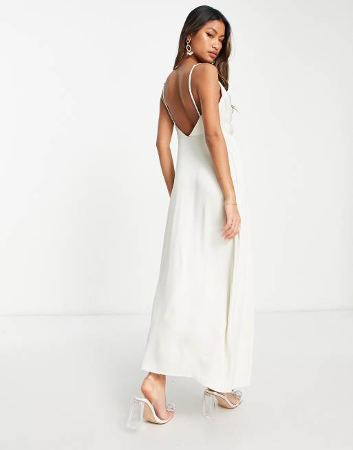 Vila Bridal satin slip maxi dress with frill detail in white