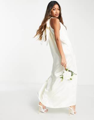 Vila Bridal satin halterneck maxi dress with bow back in cream