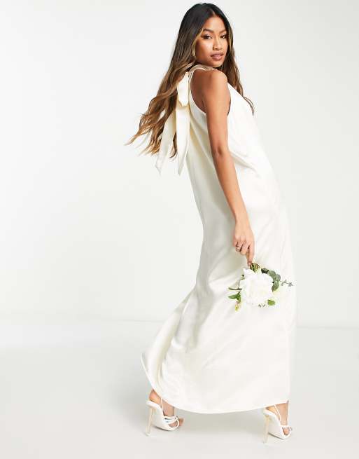 Vila Bridal satin halterneck maxi dress with bow back in cream ASOS