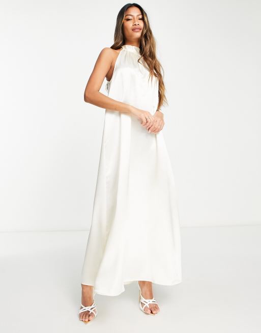 Vila Bridal satin halterneck maxi dress with bow back in cream, 2 of 4