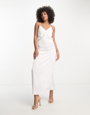 Bridal satin slip maxi dress with frill detail in white