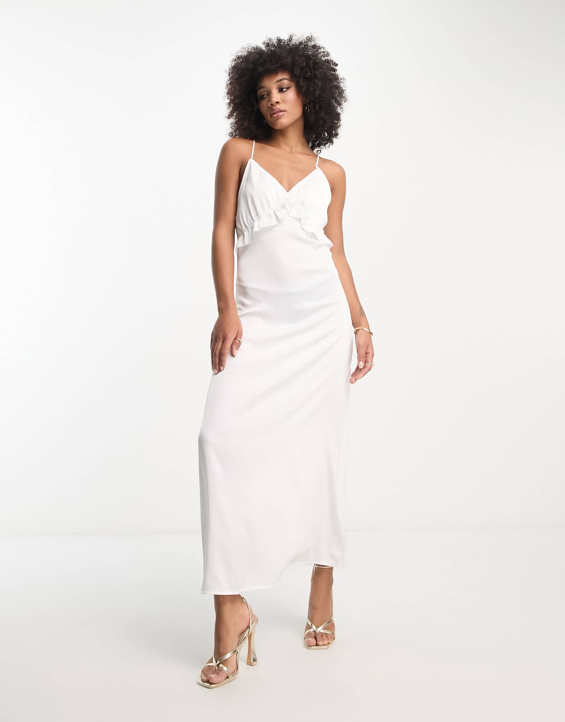 vila bridal satin slip maxi dress with frill detail in white