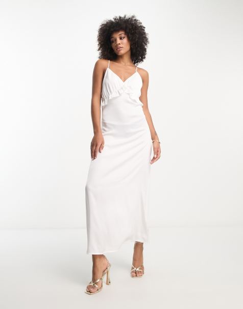 Vila Bridal satin slip maxi dress with frill detail in white