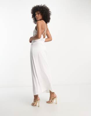 Vila Bridal Satin Slip Maxi Dress With Frill Detail In Neutral