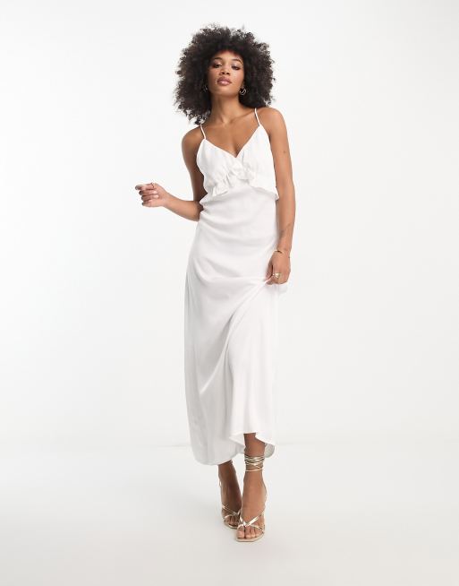 Vila Bridal satin slip maxi dress with frill detail in white