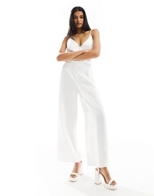 Vila Bridal satin wrap front jumpsuit with slit leg in white Sale