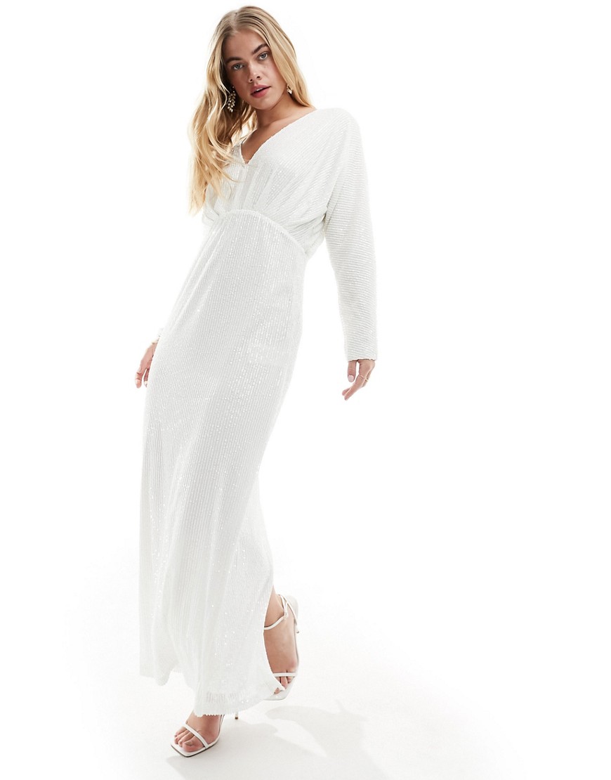 Vila Bridal sequin draped shoulder maxi dress in white
