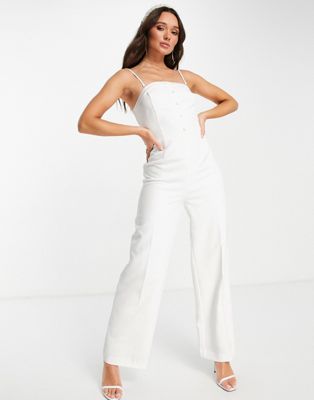 Vila Bridal tailored jumpsuit with covered buttons in cream