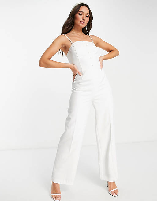 Jumpsuits & Playsuits Vila Bridal tailored jumpsuit with covered buttons in cream 