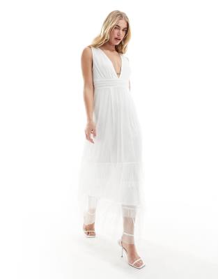 Vila Bridal Tulle Plunge Maxi Dress With Tiered Skirt In White