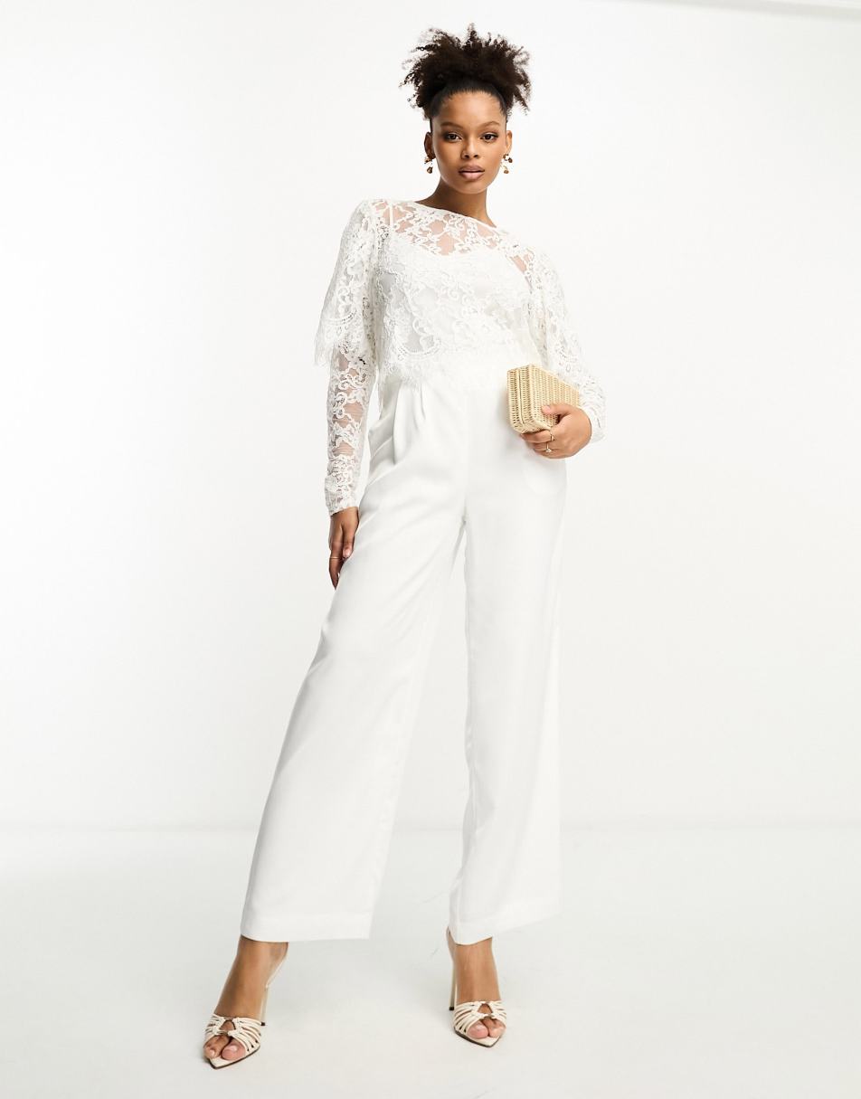 Vila bridal wide leg tailored trouser in white