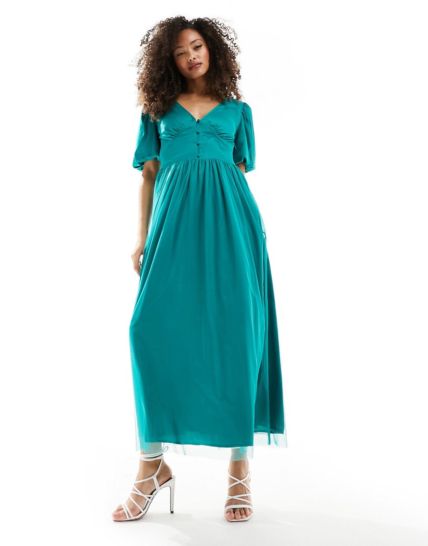 Vila Bridesmaid A Line Tulle Midaxi Dress With Button Front In Emerald Green