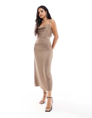 Vila - Bridesmaid - Brautjungfern-Maxikleid aus Satin in Taupe mit Trägern und Wasserfallausschnitt-Neutral