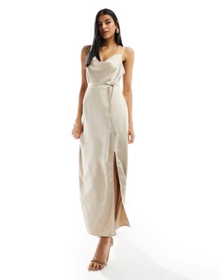 Vila bridesmaid cowl neck cami dress with tie belt and front split in stone