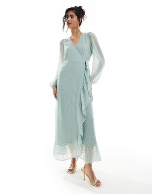 Vila Bridesmaid dobby wrap maxi dress with frill detail in sage green