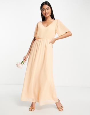 Vila Bridesmaid Exclusive maxi dress with fluted sleeves in apricot plisse