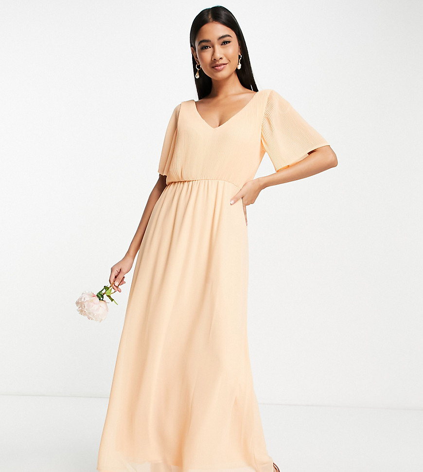 Vila Bridesmaid Exclusive maxi dress with fluted sleeves in apricot plisse-Orange
