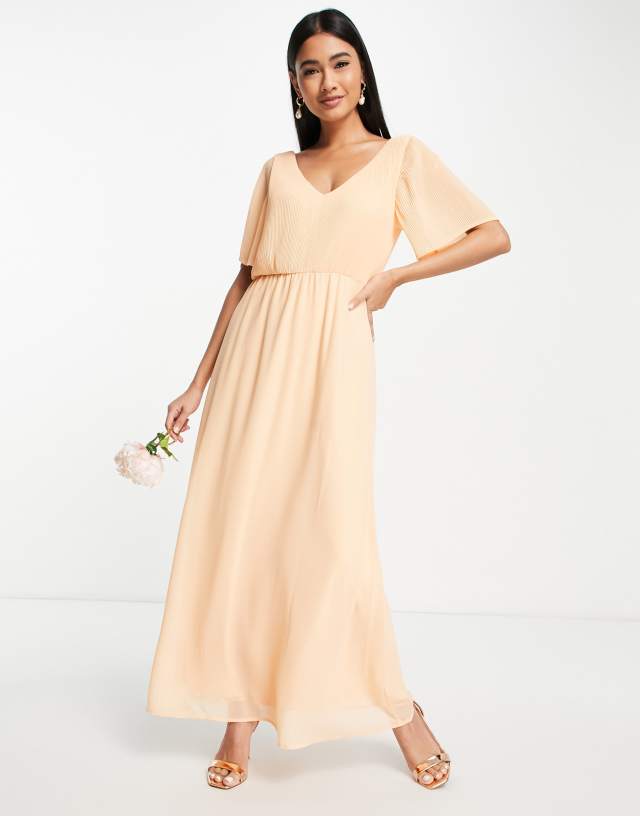 Vila Bridesmaid Exclusive maxi dress with fluted sleeves in apricot plisse