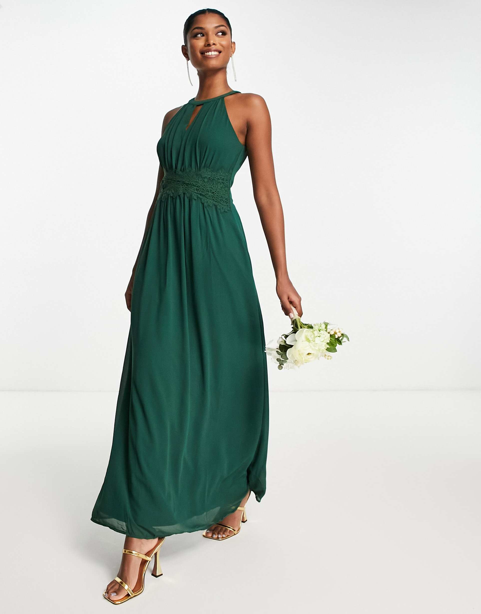 vila bridesmaid halterneck maxi dress in pine green