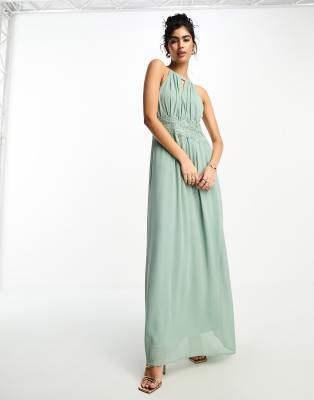 Bridesmaid halterneck maxi dress in sage green-Blue