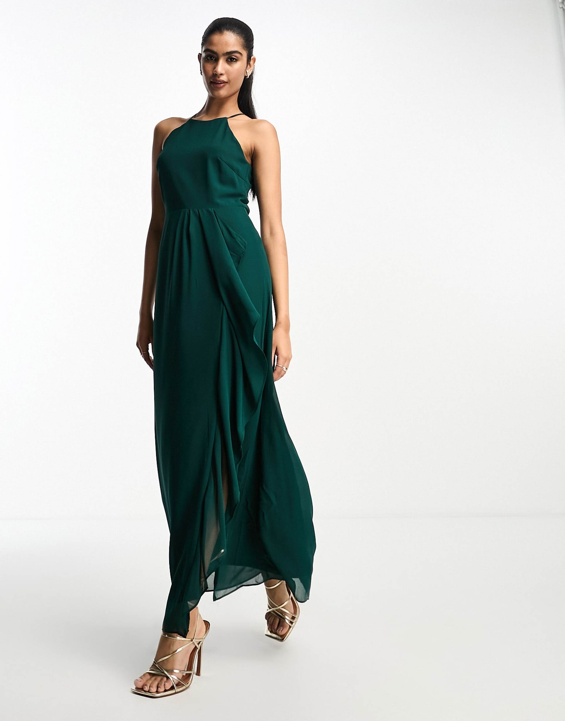 vila bridesmaid halterneck maxi dress with cut out back in dark green