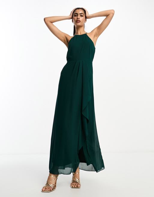 Vila Bridesmaid halterneck maxi dress with cut out back in dark green, 4 of 4