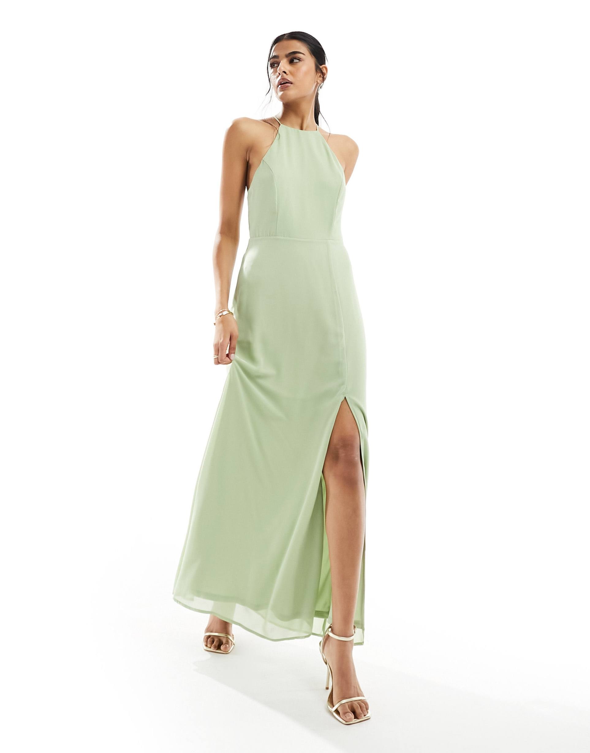 vila bridesmaid halterneck strappy cross back maxi dress in sage green