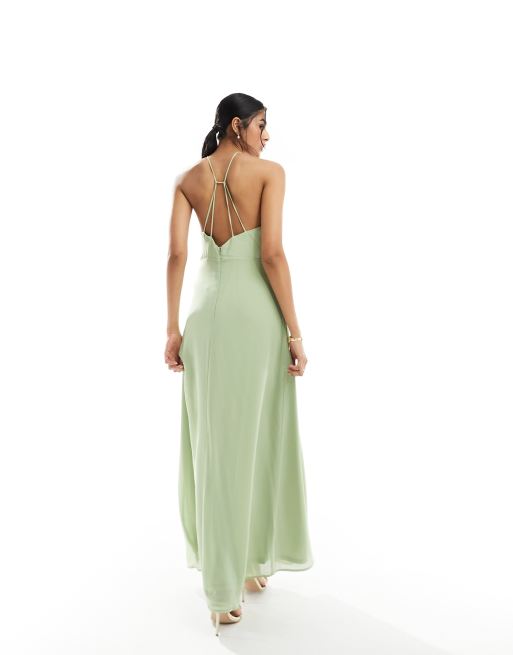 Vila Bridesmaid halterneck strappy cross back maxi dress in sage