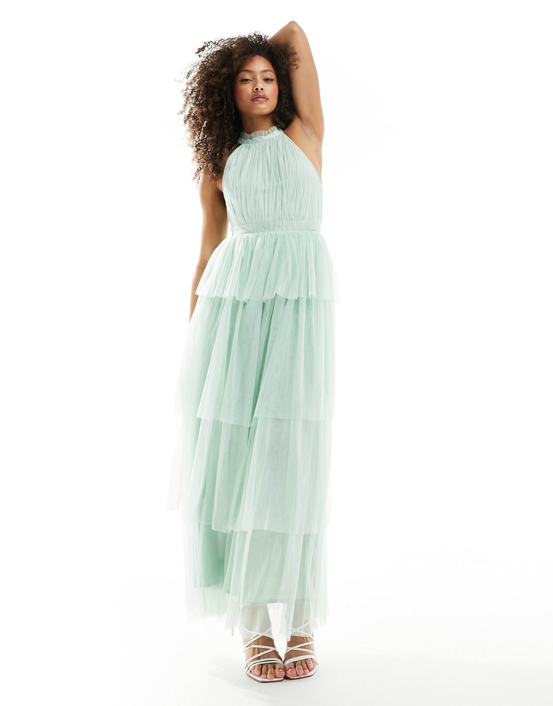 vila bridesmaid halterneck tulle maxi dress with tiered skirt in mint green