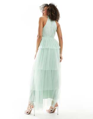 Vila Bridesmaid halterneck tulle maxi dress with tiered skirt in mint green ASOS