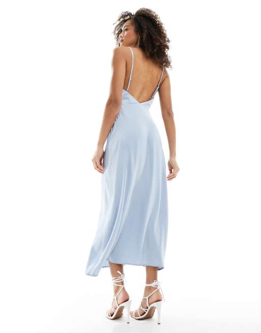 Vila Bridesmaid – Jasnoniebieska satynowa sukienka maxi z drapowanym dekoltem, 4 z 4