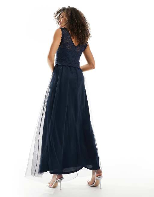 Vila Bridesmaid lace and tulle maxi dress in navy | ASOS