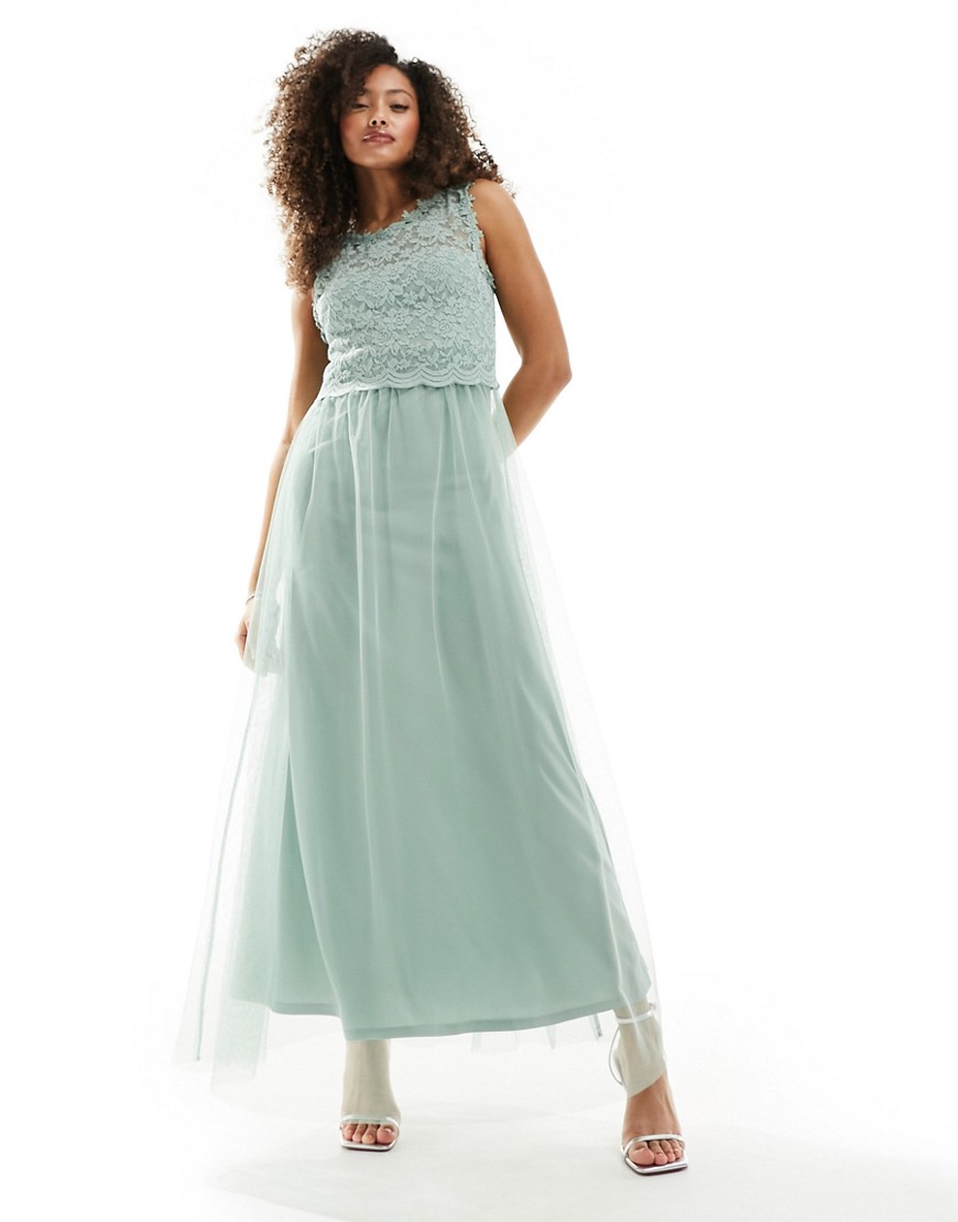 Vila Bridesmaid lace and tulle maxi dress in sage green
