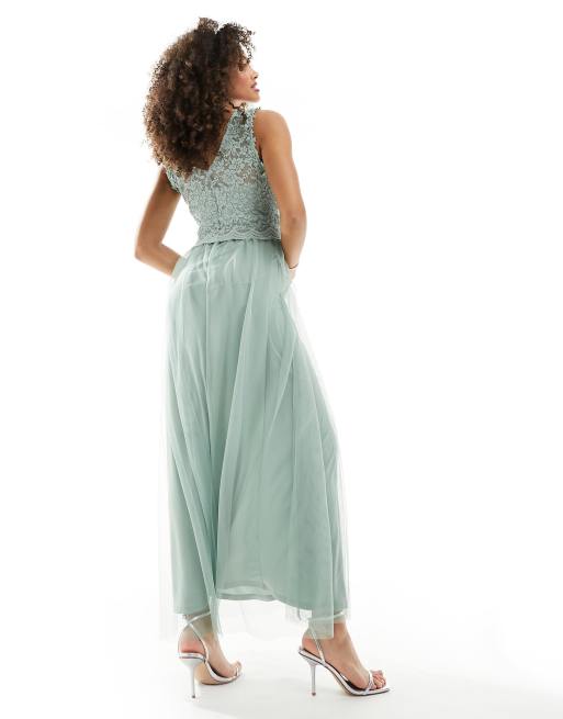 Vila Bridesmaid lace and tulle maxi dress in sage green, 2 of 4